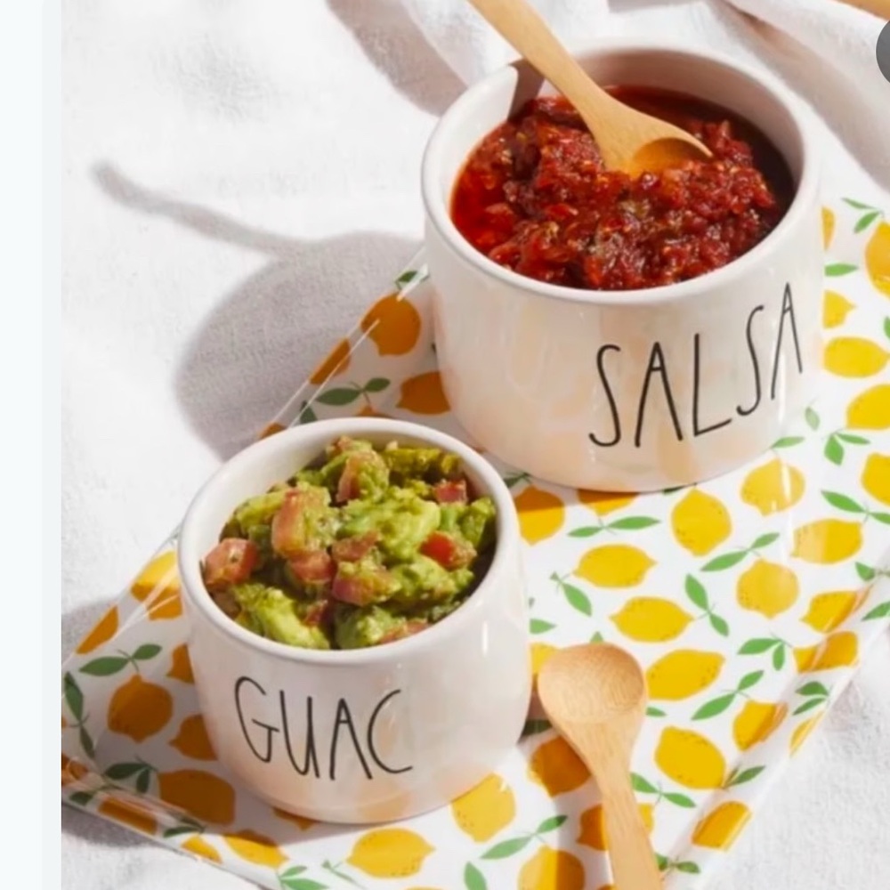 Rae Dunn GUAC SALSA Ceramic Bowl Set Bamboo Spoons New in Box